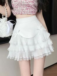 jupe HOUZHOU Kawaii dentelle mini jupe femmes été taille haute mignon nœud à volants Patchwork plissé Aline couche jupe Lolita blanc noir