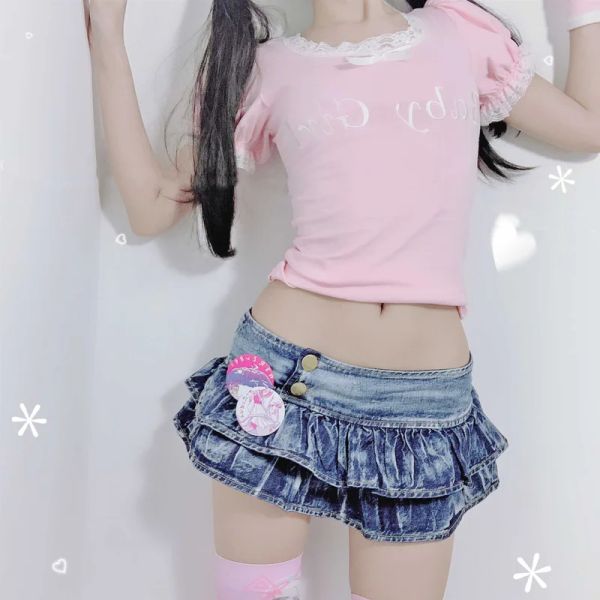 falda Chica japonesa plisada Super Mini faldas de mezclilla cintura baja una línea falda de brote sólido club nocturno ropa de fiesta falda estilo punk Lolita nuevo