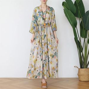 falda Johnature Mujeres Otoño Vestido de cintura alta Cinturón 2021 Otoño Nuevo estampado floral Vneck Siete manga Ropa de mujer Vestidos de otoño vintage