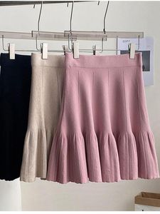 jupe coréenne mignonne plissée mini jupe femme 2022 automne hiver décontracté solide allmatch une ligne haute taille en tricot jupe courte rose