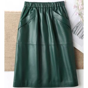 Jupe en cuir jupe femme avec poches jupes midi femmes 2020 véritable jupe crayon en cuir en peau de mouton noir et vert