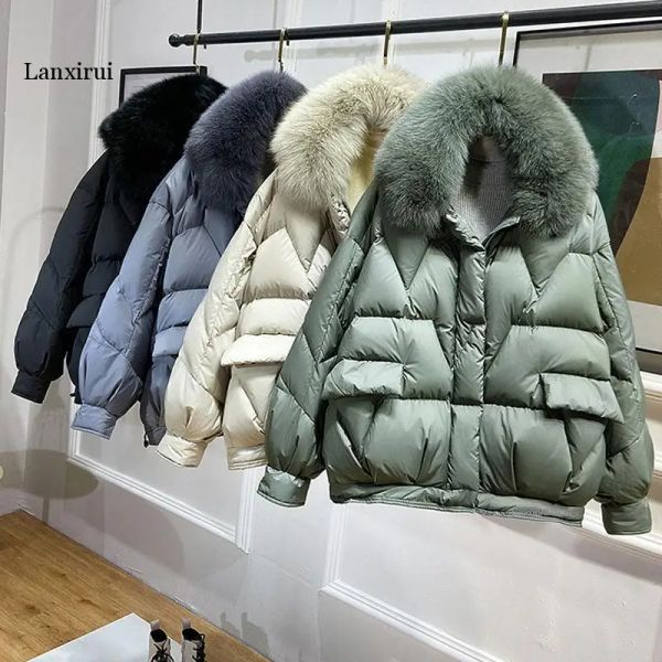 Jupe d'hiver en duvet pour femme, manteau court coréen, épais et chaud, avec col en vraie fourrure de renard, nouvelle collection 90