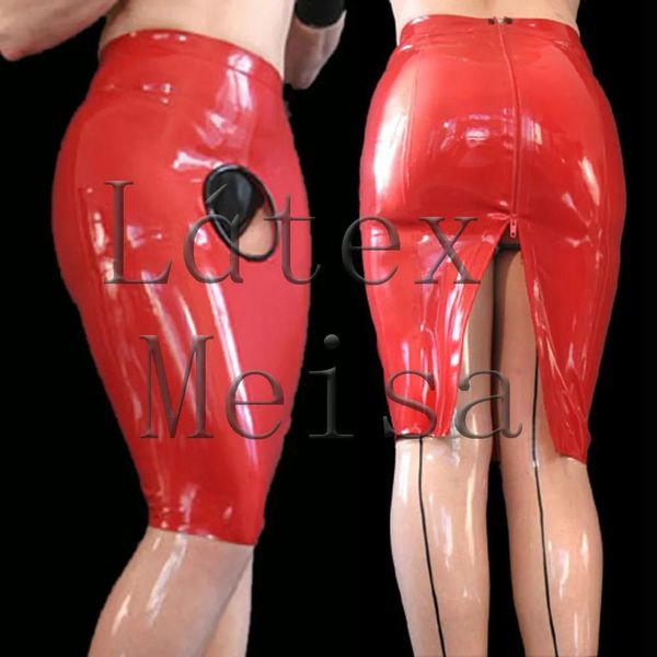 Jupe Nouveauté jupe crayon exotique en latex pour femmes avec trou avant de couleur rouge unie avec fermeture éclair à l'arrière