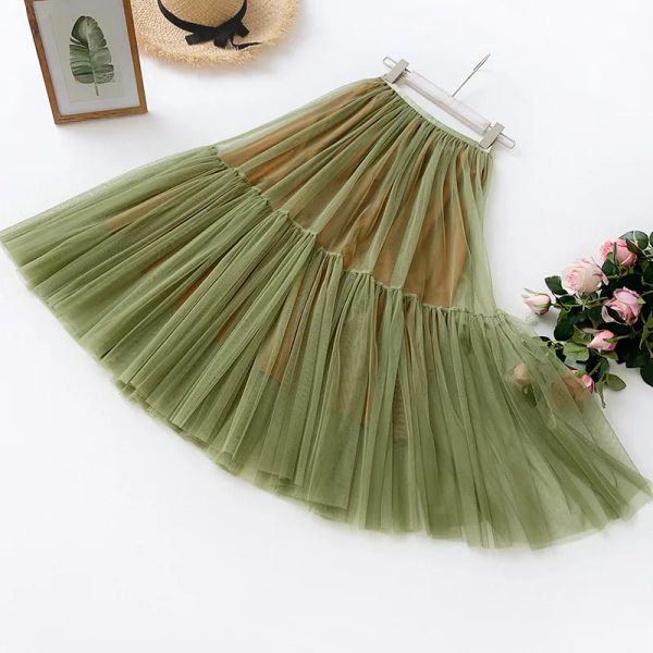 skirt OHRYIYIE vert taille haute Tulle jupes femmes automne hiver doux Longue Tutu Jupe Femme maille Midi Jupe Tutu Jupe Longue Femme