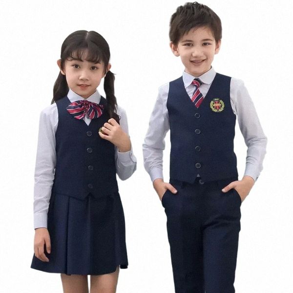 falda pantalones chaleco chaleco corbata ropa conjunto estudiante traje traje niño coreano japonés uniforme escolar para niño niña camisa blanca azul marino w2SE #