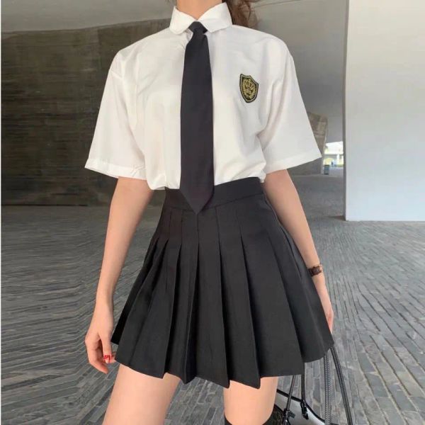 falda Estilo Preppy Traje de Falda Plisada Blusa Blanca Suelta de Verano + Falda + Corbata Uniforme de Colegiala Coreana Disfraz de Cosplay de Tres Piezas