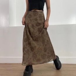 Rokafdruk vintage gaas lange rokken voor vrouwen kawaii bruine bloemen bloemen y2k vakantiekleding twolayers lage taille casual rok