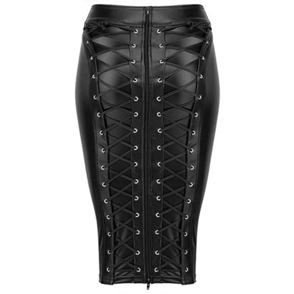 Jupe Jupe en cuir PU jusqu'à fermeture éclair Bandage moulante simili cuir 2021 dos dentelle femmes dames longueur au genou aspect mouillé grande taille style noir