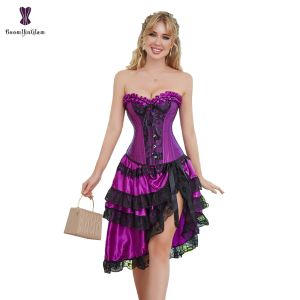 rok Paars Zwart Gotisch Burlesque Corset Sexy Paars Danser Jurk Lingerie Showgirl Top Met Gelegde Rok