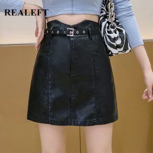 jupe REALEFT noir Faux cuir PU femmes ALine jupe courte avec ceinture 2021 nouveau automne hiver taille haute bureau Wrap Sexy mini jupe