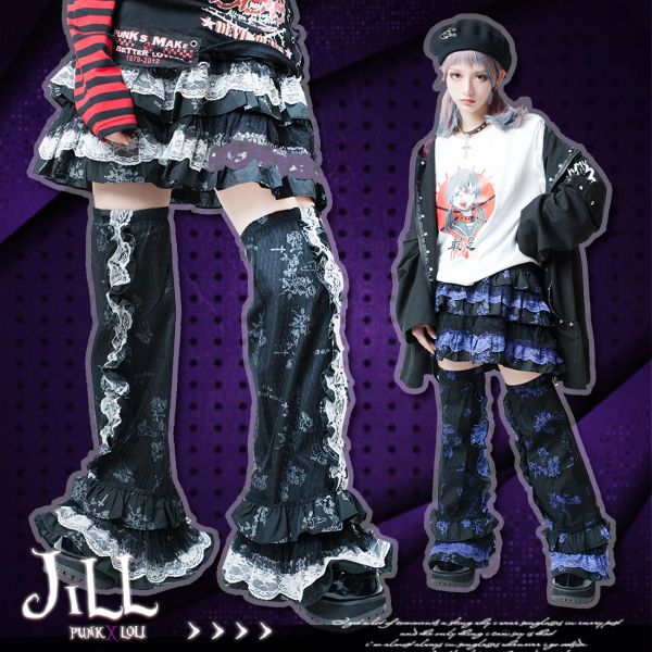 Falda Ruibbit Rock Punk Harajuku gótico chica caliente vestido de pastel violeta suave chica japonesa Lolita encaje Mini falda + calentador de piernas