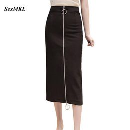 Rok Sexmkl Oversized Rits Lange Rok Vrouwen 2022 Winter Koreaanse Hoge Taille Zwarte Rokken Falda Mujer Dames Streetwear Kokerrok