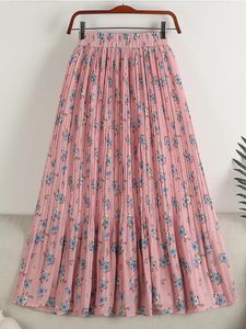 skirt Surmiitro Midi Long Pleated Skirt Women 2023 Summer Korean Fashion Pink Chiifon Floral Print A Line High Waist Skirt Female