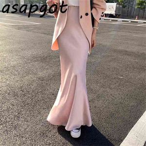 Rok temperament elegant slanke een lijn hoge taille roze satijn vrouwen zijde chiffon solide faldas mujer moda Koreaanse mode 210708
