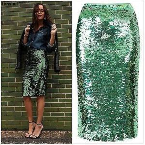 Rok Topkwaliteit Dames Groen Pailletten Rits Midi Rok Pakket Hip Slanke Kokerrok Femininas Elegante Dames Feestkleding Sexy