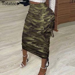 Skirt Totatoop Fashion Camuflage Periódico estampado de cintura alta Camiseta Codidas largas Mujeres 2021 Summer Drawtring Ruched Sexy Lápiz Falda