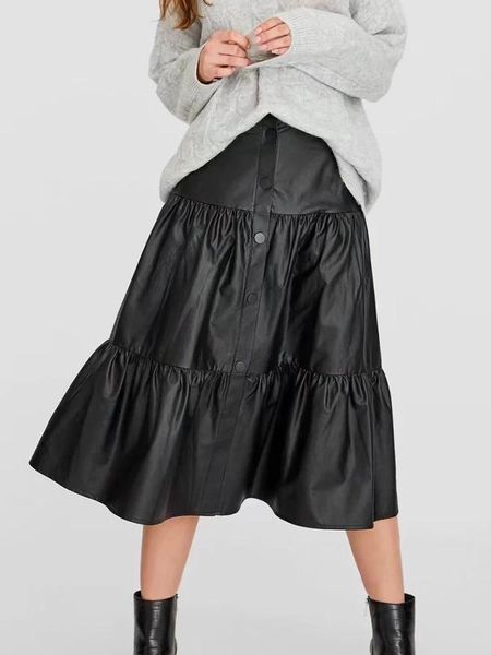 jupe Traf Femmes Longes jupes en cuir mode pute pliped 2022 Bureau Lady Midi Robe élégante jupe de fête de fête haute
