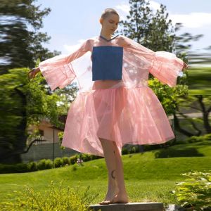 Jupe transparente en voile rose, en Tulle, manches longues, fine, avant-garde, robes futuristes pour femmes, 2020