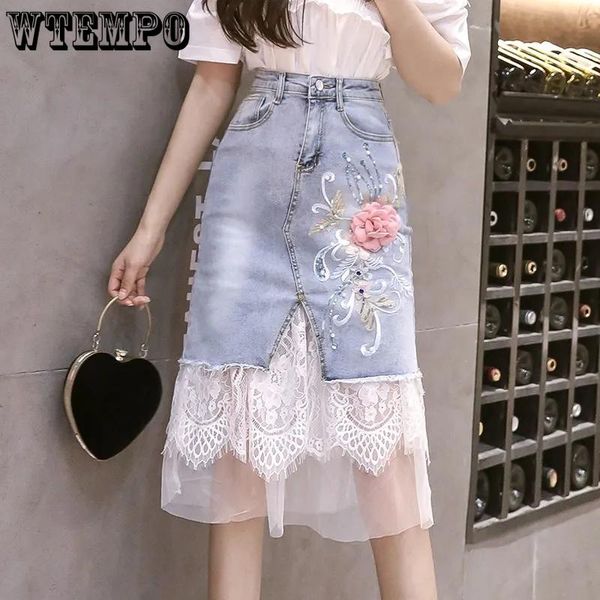 Jupe en tulle jupes pour femmes 3d broderie florale patchwork clair bleu marajuku jeans jupe denim faldas Jupe