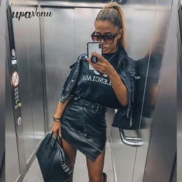 falda UpAvonu, faldas sexis asimétricas de Pu para mujer, minifalda con cremallera y cinturón Punk Rock, ropa de calle, Faldas de cintura alta negras, moda 2020, nuevo