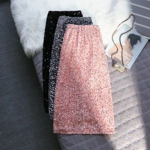 Jupe Velours Sequin Midi Jupe Longue Femmes Mode Coréenne Élastique Taille Haute Fendue Moulante Serré Jupe Portefeuille Argent Gris Noir M79