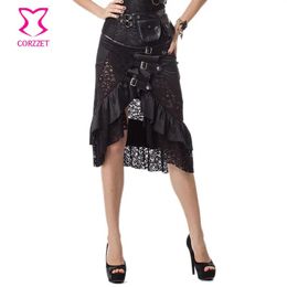 falda Vintage con volantes de satén negro y encaje floral, faldas con cola de milano, corsés estampados góticos a juego para mujer, trajes, falda midi sexy para mujer