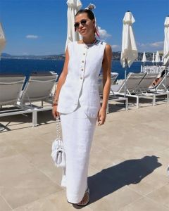 Falda Chaleco de lino de algodón blanco Top Falda larga Conjunto de dos piezas Causal de verano Office Lady Single Breaste Top sin mangas y trajes de falda