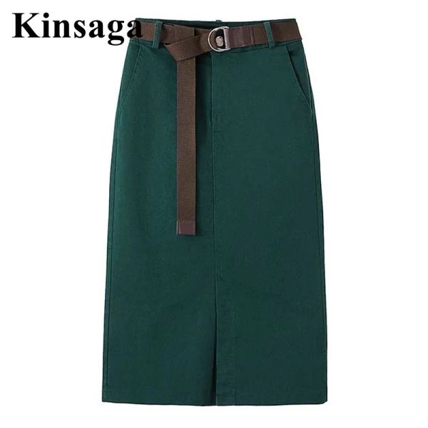 Falda Mujer Faldas midi rectas de color verde oscuro con cinturón 4XL Primavera Otoño Elegante Falda de tubo con cinturón y fajas de longitud media dividida en el frente coreano