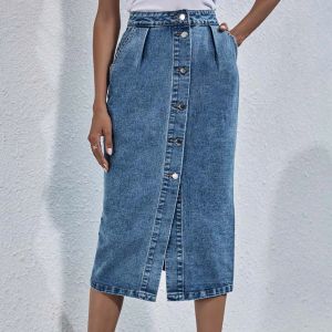 rok Dames Lange Denim Spleetrok Dames Donkerblauwe Knoop Split Vooraan Maxi Jean A-lijn Rok Met Split