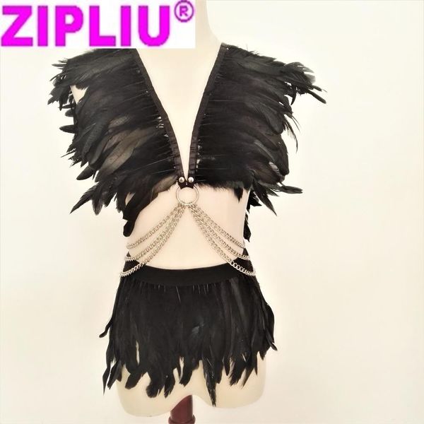 Jupe femmes nouvelle mode Sexy plume Harajuku chaîne à la main harnais cape et jupe courte punk pointes et ceinture élastique ensemble