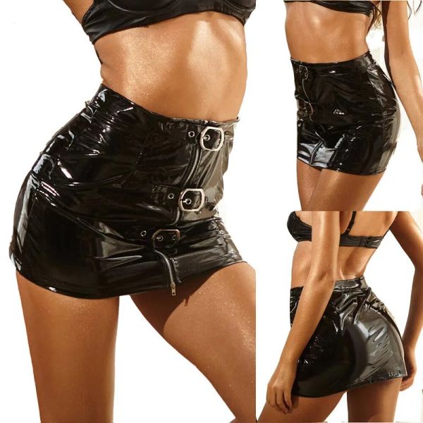 Jupe femmes Sexy mince Look mouillé Mini jupe en cuir PVC taille haute avant courte moulante Mini jupe Clubwear grande taille