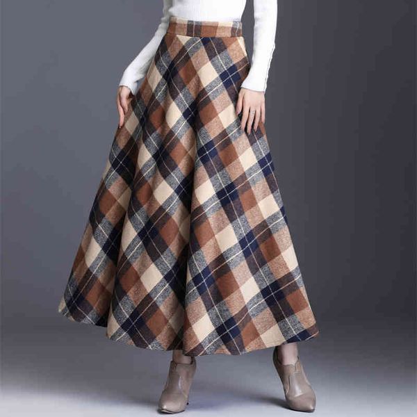 Jupe Femme Automne Hiver Plus Taille3XL Élégant Style Coréen Mode Plaid Taille Haute Longue Vêtements Épaississement 210428