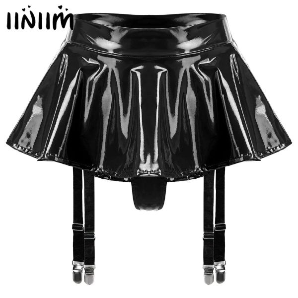falda para mujer aspecto húmedo de patente ruffle mini falda tanga construida cinturones de lámparas clips de metal minifalda rave fiest clubs