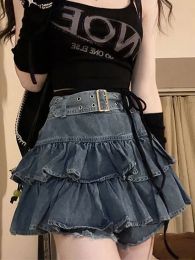 rok Y2K Vintage Vrouwen Koreaanse Geplooide Belted Korte Denim Mini Rokken Esthetische Fee Grunge Hoge Taille Jeans Aline Rok Alt Kleding