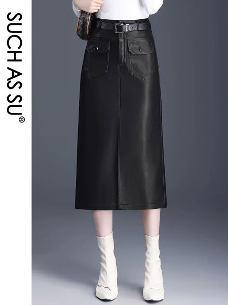 Jupe Y2K femmes jupes en cuir PU fente avant taille haute noir Streetwear poche droite taille profession travail dames jupe crayon