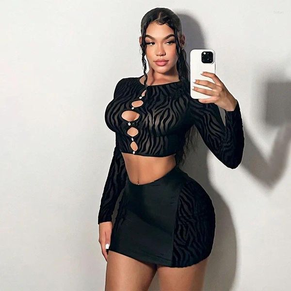 Jupes 2 pièces Ensemble Femmes Évider Manches Longues Haut Court Taille Haute Mini Costume Club Streetwear Sexy Y2K