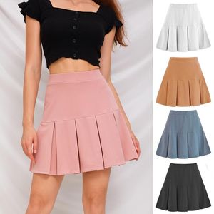 Faldas 2021 moda Otoño Invierno mujer falda elástica cintura alta plisada de talla grande dulce sólido escuela Mini rosa negro