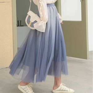 Rokken 2021 Lente zomer Koreaanse stijl Blue Gradient Glaze Gauze voile rok Hoge taille Long zwart geplooide vrouwelijke jupe