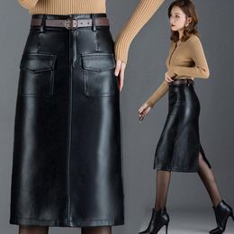 Rokken 2021 vrouwen herfst winter pu lederen dame splitsen sjerpen hoge taille a-lijn rok vrouwelijke zak casual midden-lange F67