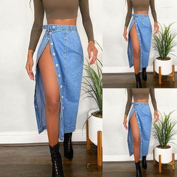 Jupes 2022 arrivée taille haute Sexy femmes fente jupe mode été bleu Long Denim bouton avant jean S-2XLjupes