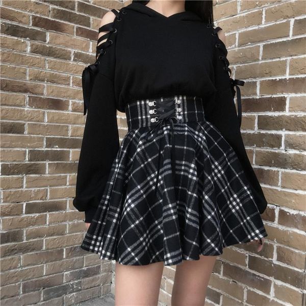 Jupes 2022 Printemps Automne Hiver Taille Haute À Lacets Court Plaid Laine Mini Tutu Femme Gothique Lolita Jupe Femmes