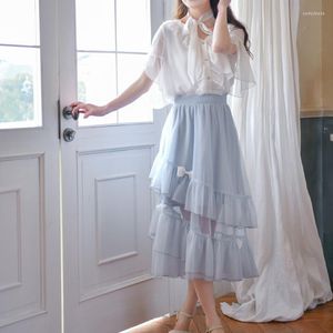 Faldas 2022 verano elegante Hada Floral longitud larga suelta gasa falda Casual japonés Kawaii Bowknot cintura elástica mujeres pastel