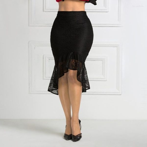 Faldas 2022 verano falda Sexy negro encaje gótico mujer cintura imperio elástico Retro lápiz asimétrico alto bolso largo cadera