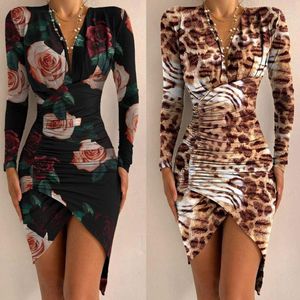 Rokken 2022 Dameskleding Sexy V Nek Lange mouw Shirring Flower Leopard Bodycon jurk Mini Autumn Winter Elegant Party Desse