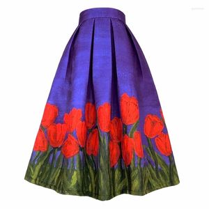 Faldas 2023 Otoño Estilo coreano Mujer Vintage Estética Elegante Tulipanes rojos Estampado floral Cintura alta Falda larga plisada por debajo de la rodilla para vacaciones
