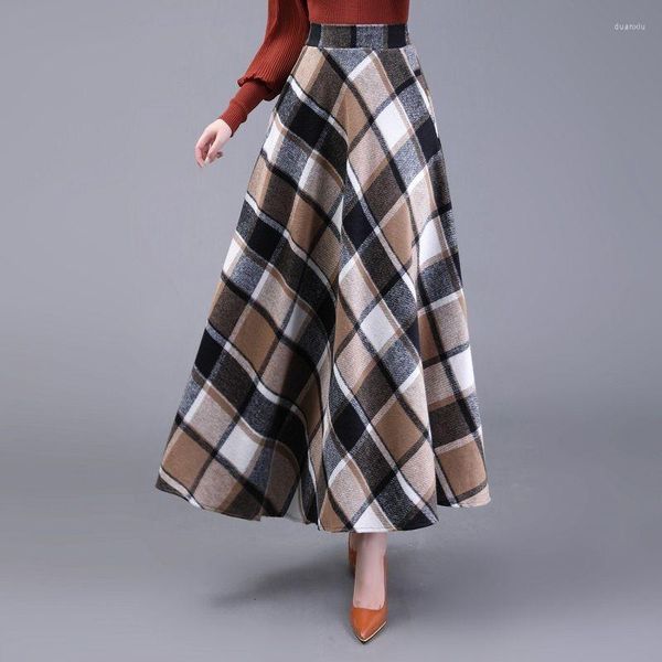 Faldas 2023 Otoño Invierno falda larga paraguas para mujeres a cuadros Vintage longitud alta cintura elástica Casual