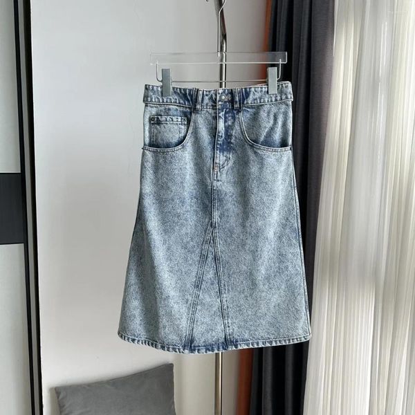 Jupes 2023 automne/hiver rétro métal Rivet dos taille bouton lavé Denim mi-longue jupe femme robe mi-longue