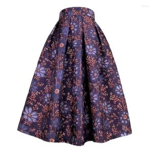 Rokken 2023 Herfst Winter Trendy Vrouw Kleding Vintage Sociale Elegante Marineblauwe Daisy Bloemen Borduren Hoge Taille Lange Geplooide Rok