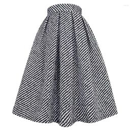 Jupes 2023 Automne Hiver Vintage Élégant Femmes Noir Rayé Couleur De Base Taille Haute Longue Tweed Jupe Plissée Bureau Dame OL Vêtements De Travail