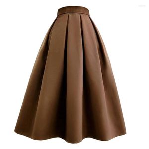 Jupes 2023 automne hiver Vintage élégant classique femmes marron couleur de base taille haute longue jupe en laine plissée bureau dame OL vêtements de travail